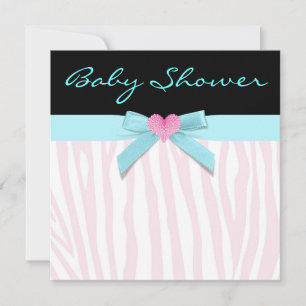 Invitation Rose Zèbre Turquoise Coeur bébé fille Douche