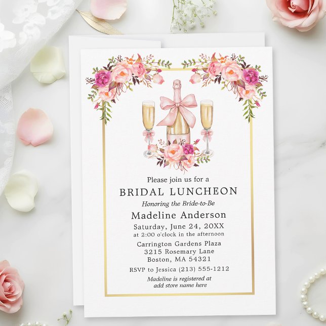 Invitation Roseaux Roses Roses Bow Cadre Doré Déjeuner de Mar (Customize to add more text to back of card.)
