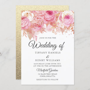 Invitation Rosée Noire Avec Or Floral Mariage Élégant