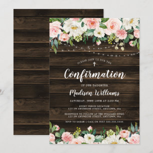 Invitation Rosée Rustique Florale Lights Girl Confirmation