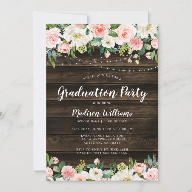 Invitation Rosée Rustique Florale Lights Graduation Party (Devant)