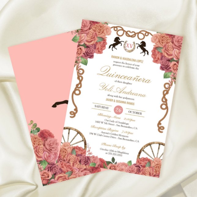 Invitation Rosegold Blush Rose Charro Ranch Quinceañera (Créateur téléchargé)