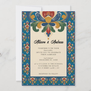 Invitation Rosemaling norvégien Mariage bleu
