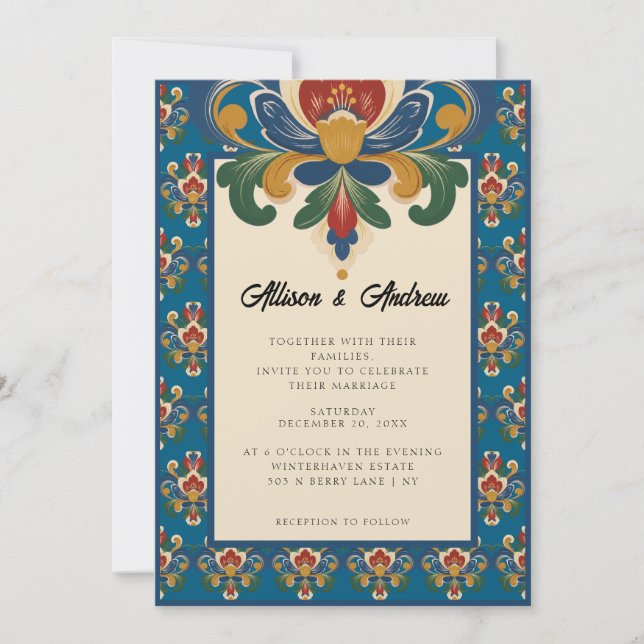 Invitation Rosemaling norvégien | Mariage bleu (Devant)