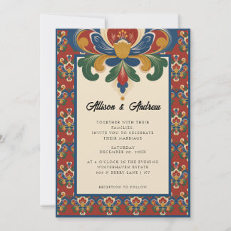 Invitation Rosemaling norvégien | Mariage rouge