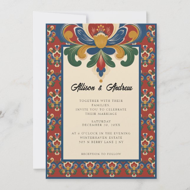 Invitation Rosemaling norvégien | Mariage rouge (Devant)