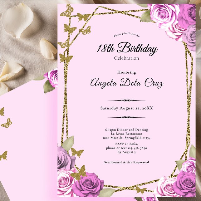 Invitation Roses and Butterflies Pink 18th Debut Birthday (Créateur téléchargé)