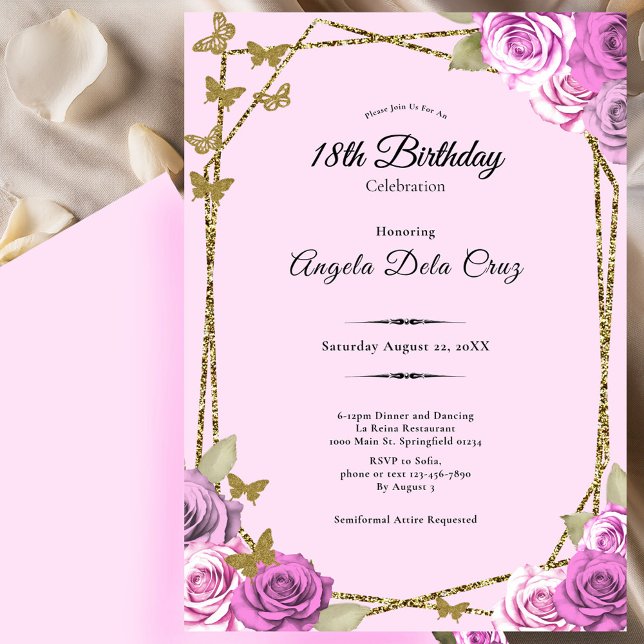 Invitation Roses and Butterflies Pink 18th Debut Birthday (Créateur téléchargé)