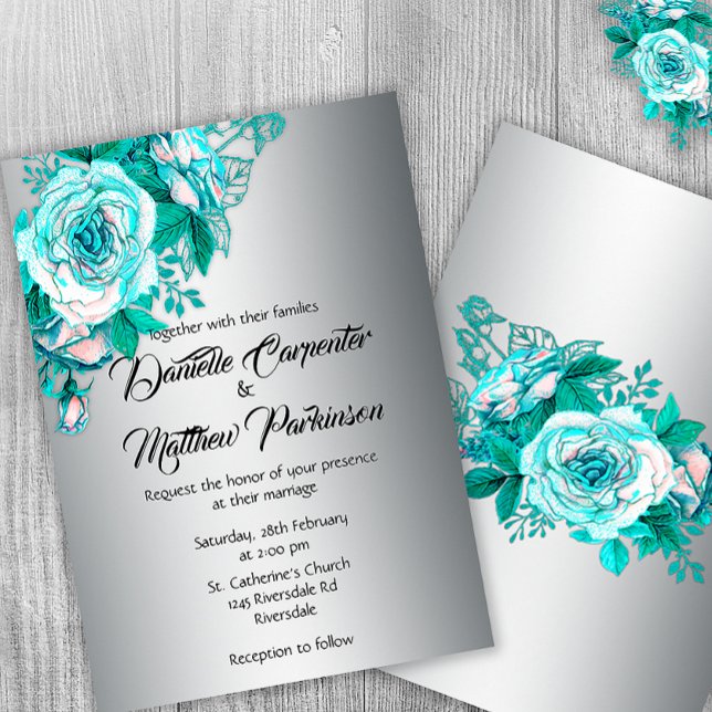 Invitation Roses Aqua et Mariage Silver (Créateur téléchargé)