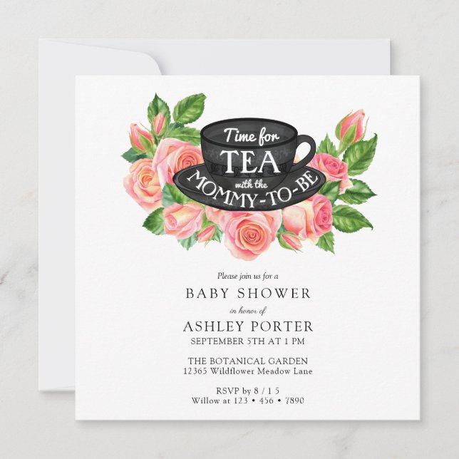 Invitation Roses aquarelle | Baby shower Tea Party (Devant)
