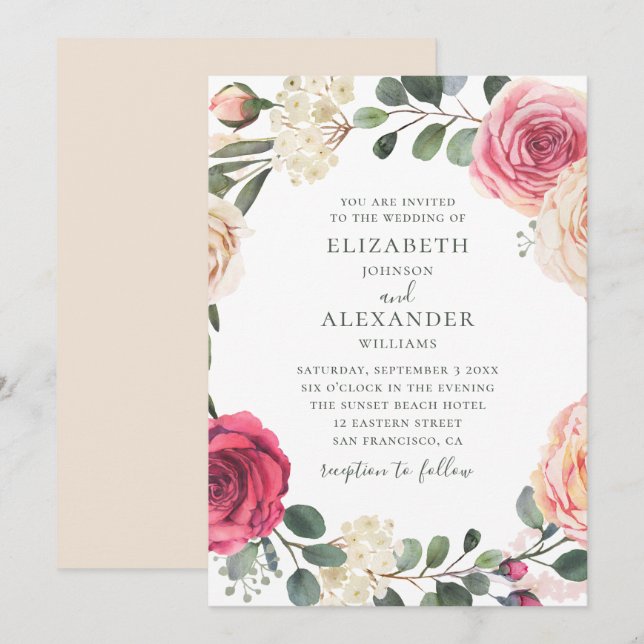 Invitation Roses aquarelle. Élégante verdure florale de maria (Devant / Derrière)