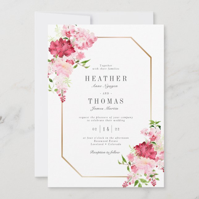 Invitation Roses Aquarelle Rose Et Rouge Cadre Doré Mariage (Devant)