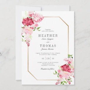 Invitation Roses Aquarelle Rose Et Rouge Cadre Doré Mariage