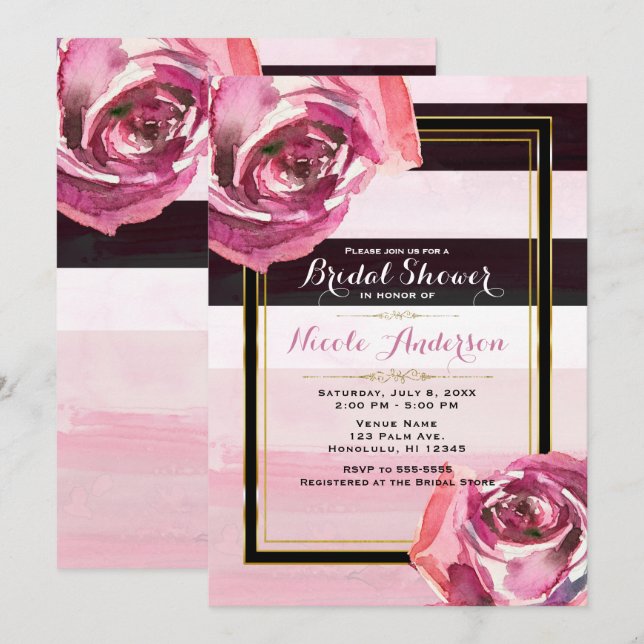 Invitation Roses aquarelle rose rayure noir blanc moderne (Devant / Derrière)