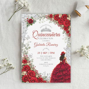 Invitation Roses aquarelle rouges et argent Quinceañera
