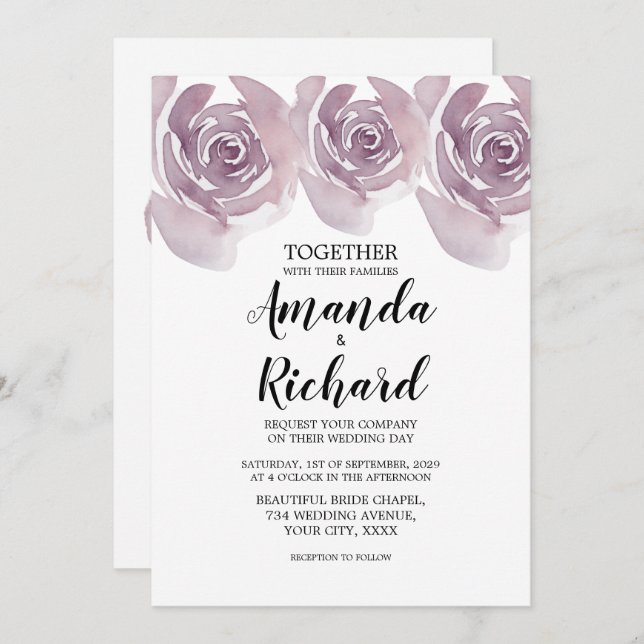 Invitation Roses Aquarelle Violettes Mariage Pretty de Fiança (Devant / Derrière)
