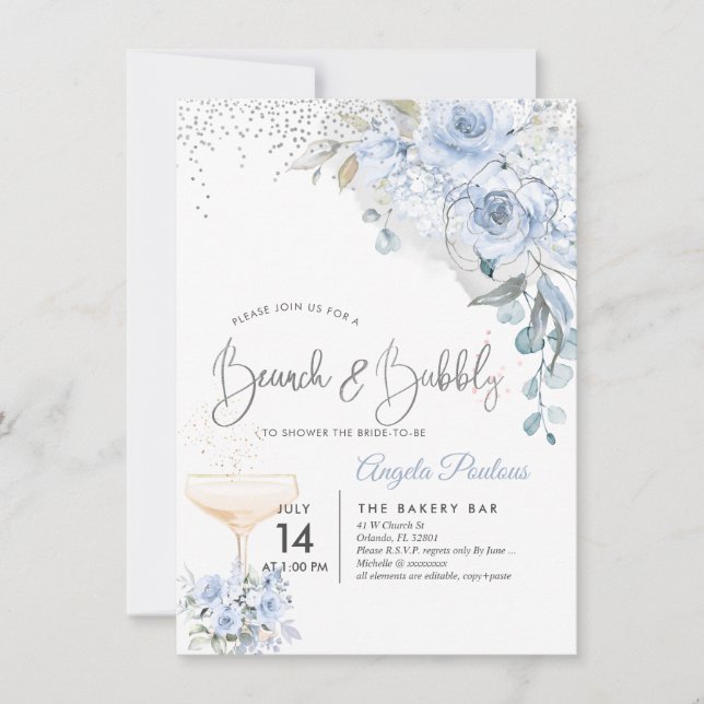 Invitation Roses aquarelles bleu poussiéreux Brunch Bubbly (Devant)