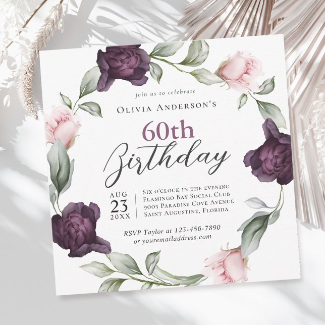 Invitation Roses Aquarelles Élégantes Floral 60e Anniversaire (Available in both printed and instant download digital formats.)