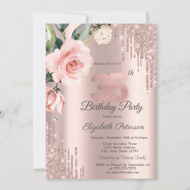 Invitation Roses Aquarelles Pailletées 35e Anniversaire (Devant)