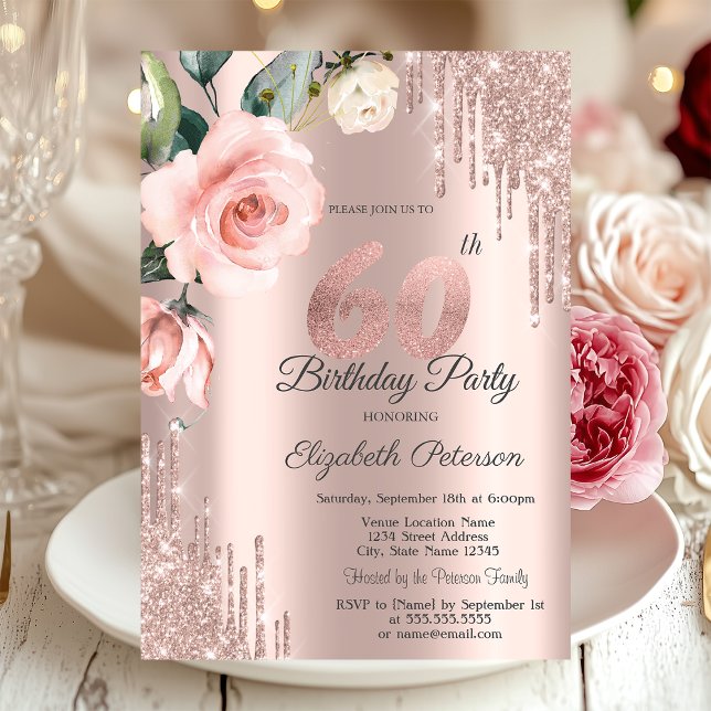 Invitation Roses Aquarelles Pailletées 60ème Anniversaire (Créateur téléchargé)