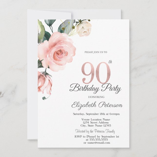 Invitation Roses Aquarelles pour 90e Anniversaire (Devant)
