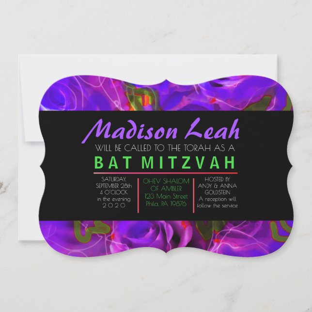 Invitation ROSES Aquarelles VIOLET NEON Bat Mitzvah (Devant)
