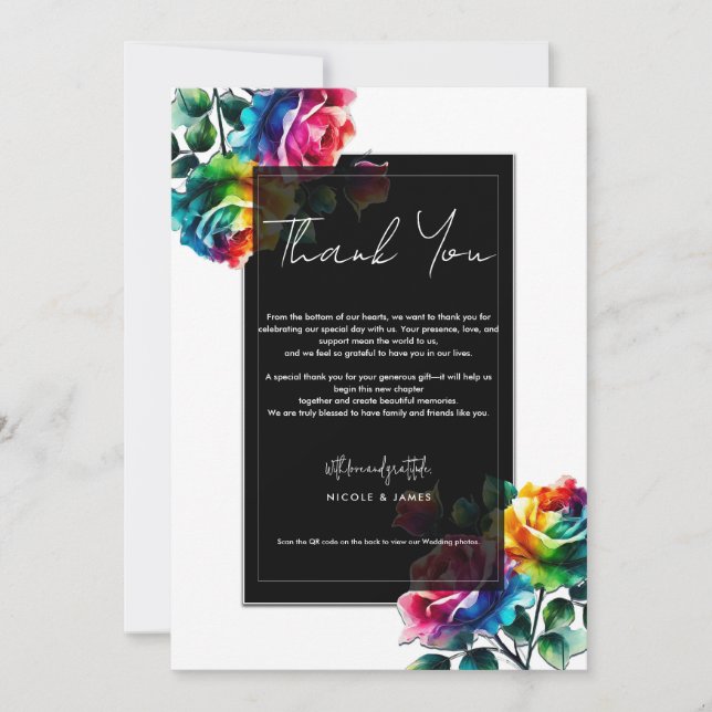 Invitation Roses arc-en-ciel Noir Blanc Floral Vibrant Merci (Devant)