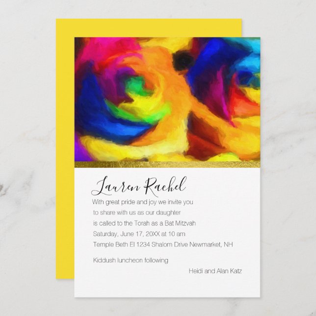 Invitation Roses arc-en-ciel peints bat mitzvah (Devant / Derrière)