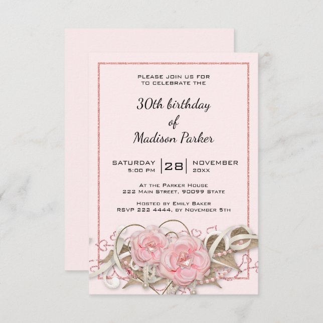 Invitation Roses avec Gem Anniversaire (Devant / Derrière)