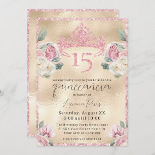 Invitation Roses avec Parties scintillant Tiara sur Gold Quin