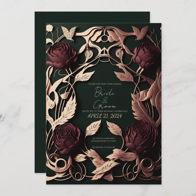 Invitation Roses avec vert foncé et or (Devant / Derrière)
