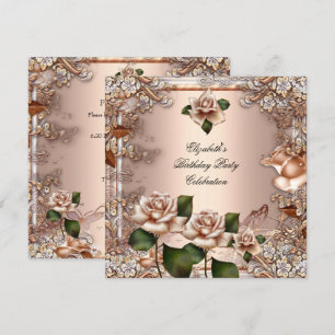 Invitation Roses Beige Crème Or Fête d'Anniversaire Élégante