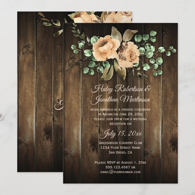 Invitation Roses Beige Rustique Latte Bois de Grange Réceptio (Devant / Derrière)