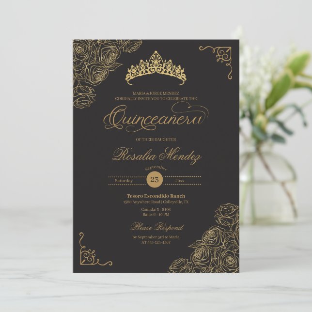 Invitation Roses Black & Gold Elegant Quinceañera (Debout devant)