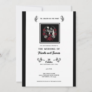 Invitation Roses blanc rouge et noir squelette Mariage couple