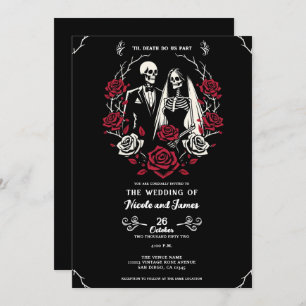 Invitation Roses blanc rouge et noir squelette Mariage couple