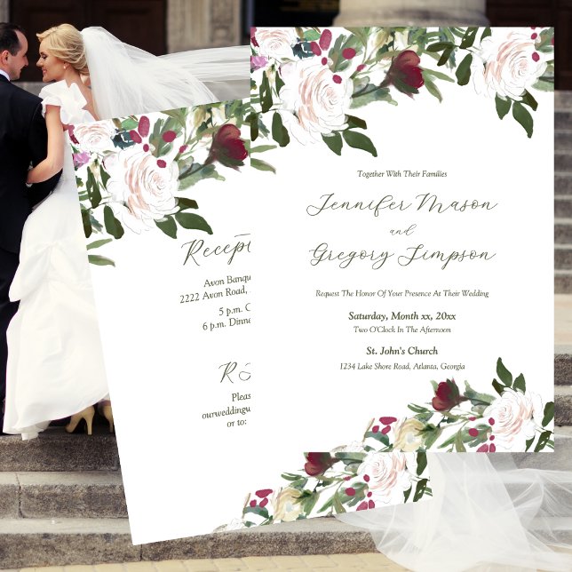 Invitation Roses blanches à l'aquarelle avec cranberry (Watercolor White Roses with Cranberry Invitation)