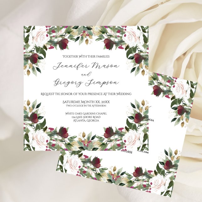 Invitation Roses blanches à l'aquarelle avec motif floral de  (Watercolor White Roses with Cranberry Floral Invitation)