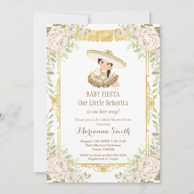 Invitation Roses blanches Baby shower Fiesta mexicaine Invita (Devant)