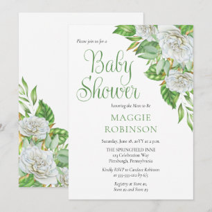 Invitation Roses blanches  Baby shower floral Boho vert fille