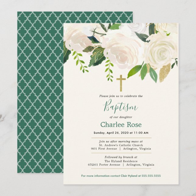 Invitation Roses blanches Baptême bébé et Brunch (Devant / Derrière)