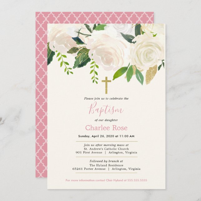 Invitation Roses blanches Baptême bébé et Brunch Rose & Vert (Devant / Derrière)