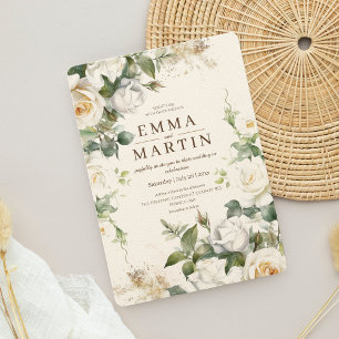 Invitation Roses blanches Beige Elégant Mariage Fleur