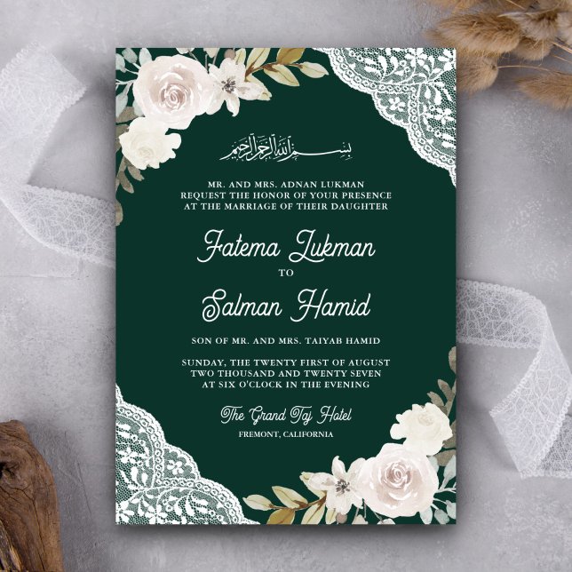 Invitation Roses blanches Broderie Émeraude Code QR Mariage M (Créateur téléchargé)