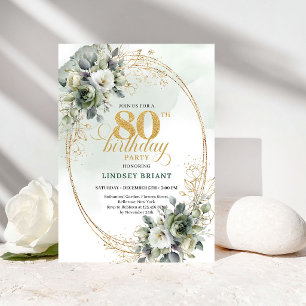 Invitation Roses blanches classiques Eucalyptus 80e anniversa