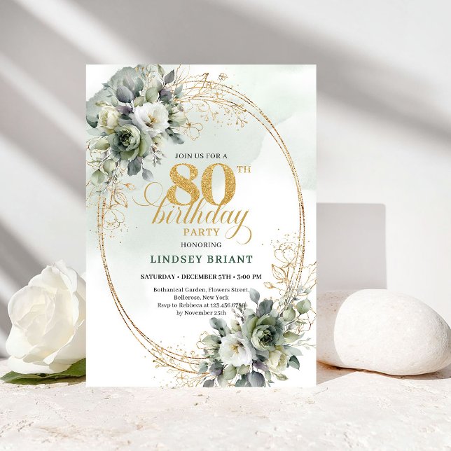 Invitation Roses blanches classiques Eucalyptus 80e anniversa (Classic White Roses Eucalyptus 80th Birthday Invite)
