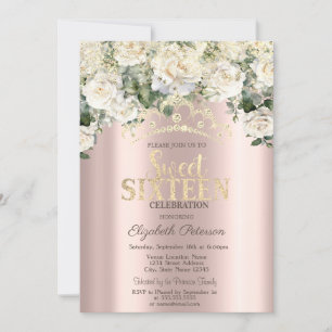 Invitation Roses blanches, Confetti, Rose de la Couronne Gold