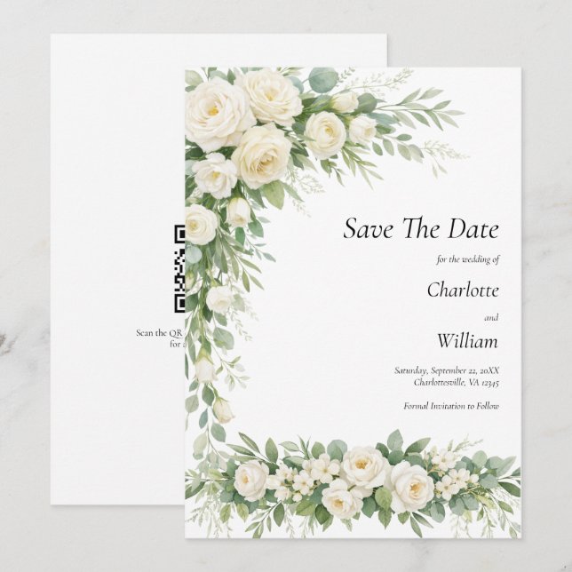 Invitation Roses blanches Crème Mariage Enregistrer la date C (Devant / Derrière)