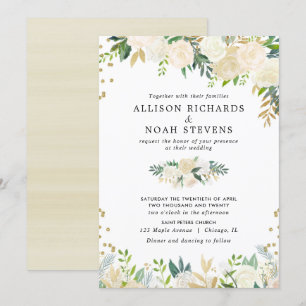 Invitation Roses blanches crème or élégant mariage floral