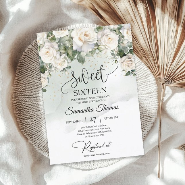 Invitation Roses blanches de Bohême et or vert d'eucalyptus (Bohemian white roses and eucalyptus greenery gold invitation)